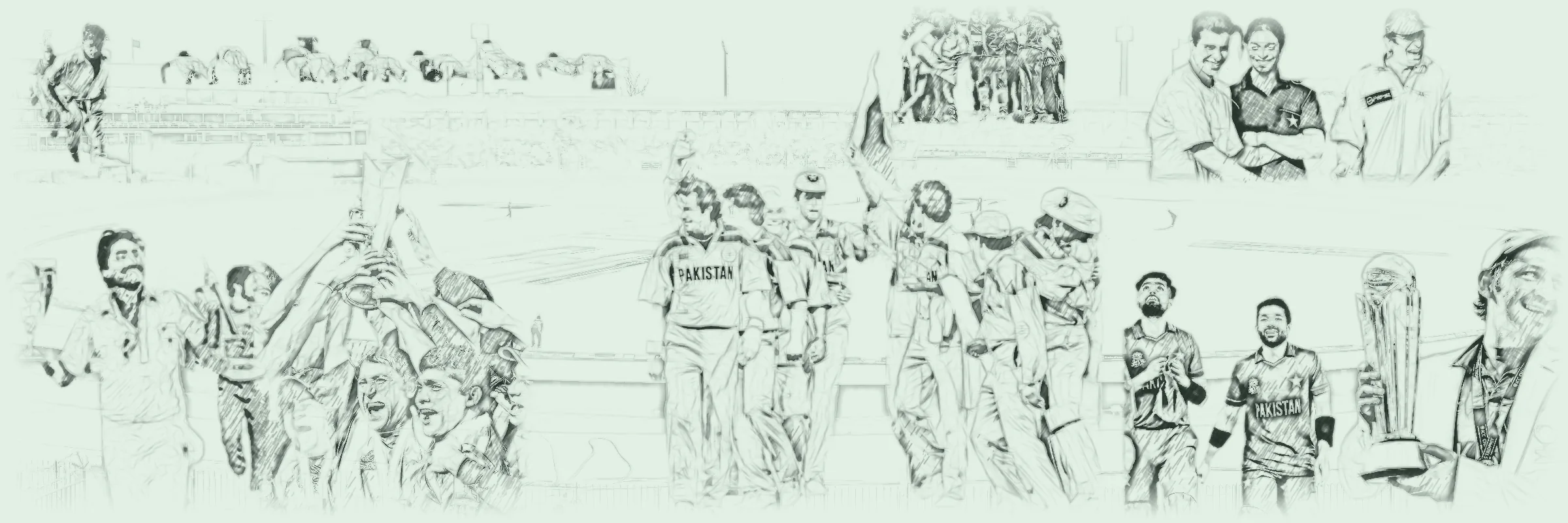 Pencil montage of Pakistan's great wins set against Gaddafi Stadium, with Imran Khan's 1992 World Cup team walking off at its centre